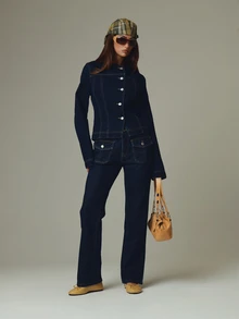 MUSERA Blue Denim Wash Asymmetric Button Down Jacket Fall Autumn Winter Casual Style Outfits - Dark Wash - View 2
