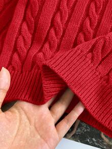SHEIN Tween Girl Casual Solid Color Dropped Shoulder Loose Textured Knit Cropped Sweater, Autumn/Winter Kids - Red - View 3