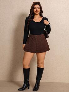 Elaquor Plus Size Women's Solid Color Casual Everyday Pocket Shorts - Coffee Brown - View 5