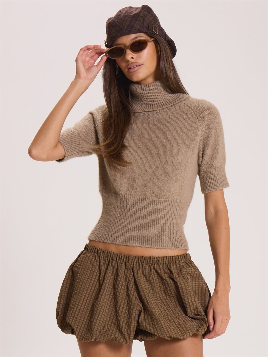 MUSERA Ribbed High Roll Neck Short Sleeve Cinched Waist Jumper Winter Fall Cute Everyday Coolgirl Mullburn Hill - Multicolor - View 1
