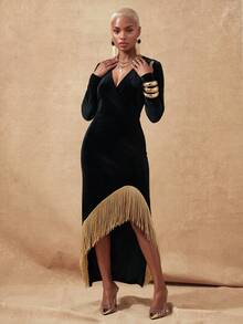 SHEIN Lunessa Velvet V-Neck High Slit Gold Long Tassel Bodycon Party Dress - Black and Gold - View 3