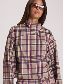 MUSERA Checkered High Funnel Neck Contrast Piping Cropped Boxy Jacket Autumn Winter Fall Cute Everyday Coolgirl Mullburn Hill - Multicolor - View 5