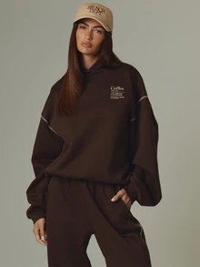 MUSERA 棕色大尺寸圖案寬鬆連帽衛衣 秋冬休閒風格穿搭 - 咖啡棕 - 查看 1