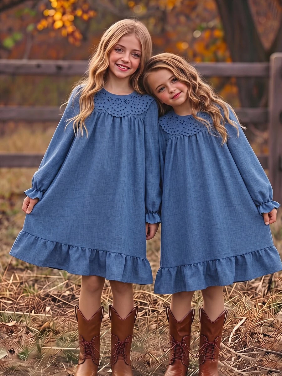 SHEIN Vintaside Kids 少女棕色溫柔風極簡花卉印花長袖套頭洋裝,寬鬆版型,優雅大方,適合外出與購物 - 藍色 - 查看 1