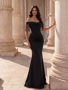 Coutiva Women's Patchwork Sequin Off-Shoulder Pleated Design Slim Fit Mermaid Hem Elegant Sexy Formal Prom Evening Gown Halloween Black Fall - Black - View 1