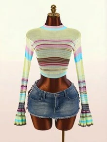 Amplova Women's Colorful Striped Long Sleeve Cropped Casual Sweater - Multicolor - View 3