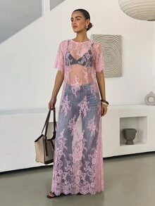 Lavishia 女款蕾絲刺繡透視洋裝拍照造型，黑色花卉，夏季優雅派對之夜女士俱樂部晚裝 - 粉色 - 查看 8