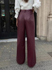 DAZY Fashionable High-Waist Button Pleated PU Material Suit Pants - Red Violet - View 3