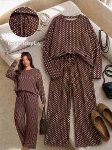 Elaquor Casual Retro Polka Dot Fabric Plus Size Long Sleeve Round Neck Top & Loose Pants 2 Pieces Set Fall - Brown - View 7