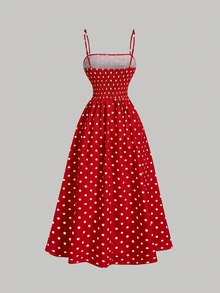 SHEIN MOD Vintage French Classic Ruched White And Black Polka Dot Spaghetti Strap Midi Dress Vacation Summer - Dark Red - View 2
