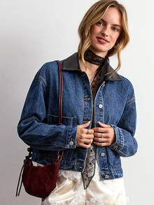 Willow Rêve Áo khoác denim xanh phối cổ PU đen cho nữ - Màu xanh lam - Xem 3