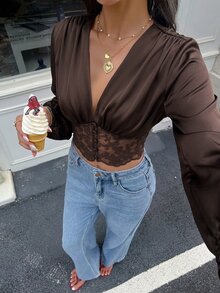 Serisse 女款V領蕾絲拼接休閒日常穿著襯衫 - 棕色 - 查看 6
