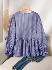 CosyJoli 大尺碼女款格紋長袖襯衫，1950年代復古服飾，對比色蕾絲飾邊秋季外套，度假風黑白上衣 - 藍色 - 查看 4