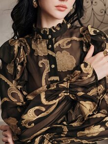 Anewsta Modern Vintage Style Long Sleeve Blouse With Ruffle Collar Design For Women - Black - View 3