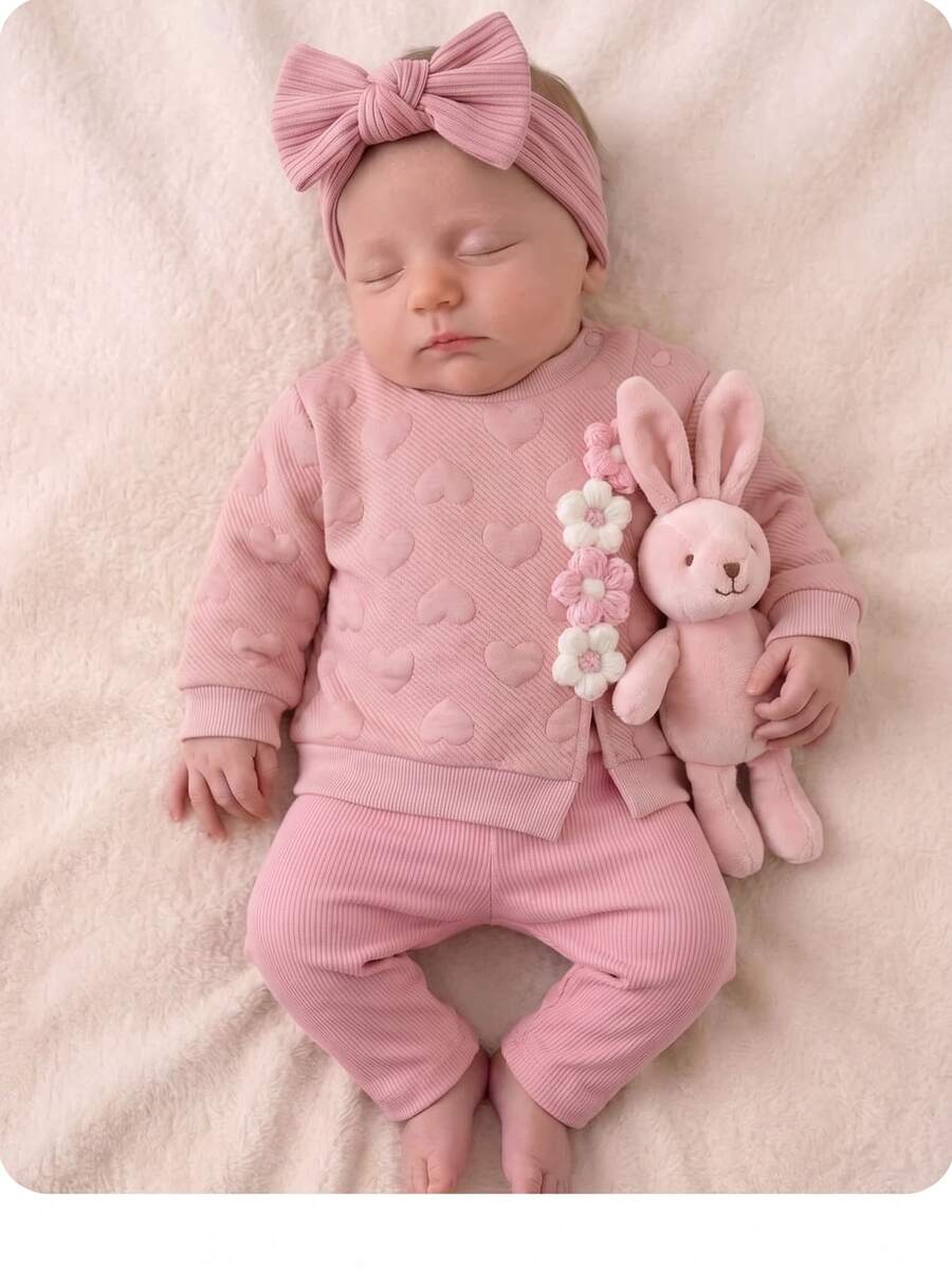 SHEIN Newborn Baby 3D Floral Decor Long Sleeve Top And Pants Casual Daily Outfit Set - Pink - View 1
