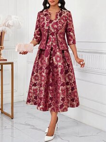 SHEIN Lady 女款時尚優雅百褶酒紅色提花細肩帶洋裝外套兩件套，適用公民儀式、夏季婚禮、正式晚宴 - 紅色 - 查看 6