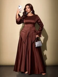 Viva Relle Plus Size Coffee Brown Autumn Premium Satin Layered A-Line Long Dress 2 Pieces Set - Coffee Brown - View 4
