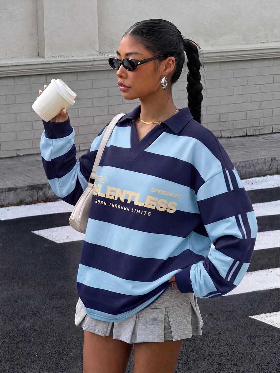 Muchica Women's Letter Pattern Patchwork Color Casual Daily Long Sleeve Sweatshirt - Multicolor - View 1