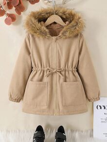 Baby Girl Plush Patchwork Thermal Lined Casual Versatile Long Sleeve Hooded Winter Jacket - Khaki - View 7