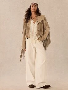 Easelle Vintage Western Streetwear Bohemian Nomad Rivet Fringe Loose Structured Women's Jacket Rave Concert Khaki Fall - Khaki - View 7