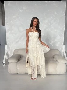 Aloruh Women's Lace Fashion Multi-Layer Ruffle Elegant Halter Neck Dress - Apricot - View 7