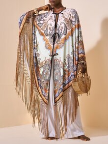 Zivah New Elegant Women's Oversized Multi-Color Printed Shawl Collar Kimono Cover Up With Tassels, Versatile For Beach, Vacation, Commute And Multiple Occasions - Multicolor - View 8
