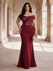 Coutiva Plus Size Women's Elegant Off-Shoulder Cinched Waist Formal Evening Dress - Burgundy - View 1