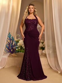 Glamrae Plus Size Elegant Burgundy Sexy Halter Neck Tie Lace Trim Neckline Luxury 3D Sequin Embroidery Sheer Fishbone Boning Waist Twist Fishtail Lace Faux Slit Design Suitable For Date Wedding Event Bachelorette Party Graduation Season Elegant Spring Summer Evening Gown Wedding Party Green Dress Women's Formal Evening Gown - Burgundy - View 3