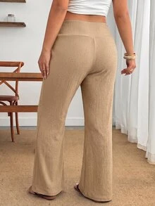 SHEIN PETITE CURVE 大尺碼女款休閒黑色高腰喇叭褲 秋季 - 卡其色 - 查看 2