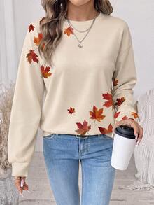 SHEIN LUNE 女款休閒葉子印花長袖運動衫 - 白色 - 查看 2