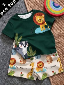 Baby Boy Casual Minimalist Top, Suitable For Spring/Summer, Classic Cute Cartoon Hand-Drawn Animal Print, Lion, Raccoon Cartoon Image Print, Suitable For Autumn/Winter Layering - White - View 1