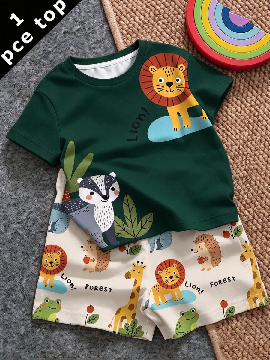 Baby Boy Casual Minimalist Top, Suitable For Spring/Summer, Classic Cute Cartoon Hand-Drawn Animal Print, Lion, Raccoon Cartoon Image Print, Suitable For Autumn/Winter Layering - White - View 1