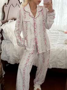 CottageSlumber Bubble Crinkle Chain Floral Print Lapel Long Sleeve Pants Pajama Set - White - View 4