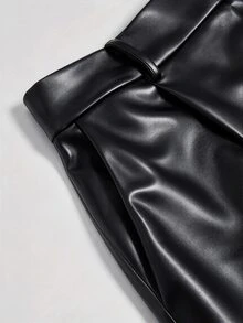 SHEIN Elenzya New Knitted Elastic Leather High Waist Back Elastic Waist Slanted Pocket Wide Leg Design Versatile Fashion Daily Commute Women's Long Pants - Black - View 7