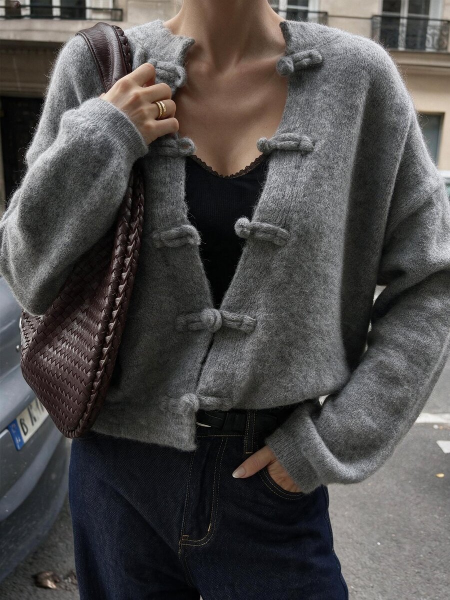 DAZY Women's Solid Color Drop Shoulder Long Sleeve Frog Button Front Knit Cardigan, Autumn/Winter - Grey - View 1