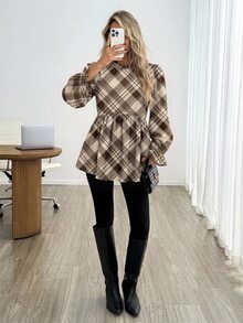 Easowa 女款休閒印花秋冬日常基礎襯衫，經典優雅格紋圖案，聖誕新年氛圍度假派對女裝，現代都市時尚商務女裝，低調老錢風高級通勤辦公穿搭，機場造型，高智感優雅老錢風郵輪穿搭，婚禮賓客造型 - 彩色 - 查看 2