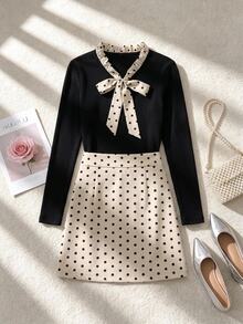 Muvela Women's Colorblock Polka Dot Bow Decor Long Sleeve Top And Skirt Elegant Set - Black and White - View 1