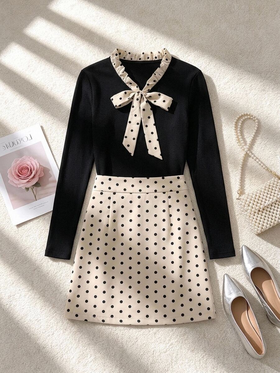 Muvela Women's Colorblock Polka Dot Bow Decor Long Sleeve Top And Skirt Elegant Set - Black and White - View 1
