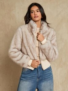 Glamine Women's Casual Silver Fox Ribbed Cropped Jacket With Zipper Front - Apricot - View 5