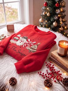 SHEIN EZwear 秋季新款聖誕老人印花圖案圓領長袖寬鬆加厚女款衛衣，適合假期、秋季上衣，適用於日常通勤、約會、聚會，秋冬春夏、聖誕節、新年、感恩節、派對、新年 - 紅色 - 查看 6