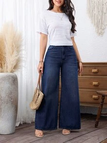 SHEIN PETITE 女款寬鬆休閒百搭保暖內裡牛仔寬腿褲，附口袋 - 深色水洗藍 - 查看 2