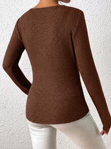 Aalyst Women Casual Ribbed Patchwork Solid Color Round Neck Long Sleeve T-Shirt, Autumn Fall Cloth For Women - Brown - View 2