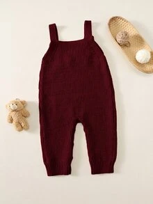 SHEIN 新生兒男嬰女嬰秋冬裝 卡其色針織連身衣 熊圖案手工刺繡吊帶褲毛衣，舒適時尚日常可愛復古經典百搭簡約多功能 - 酒紅色 - 查看 2