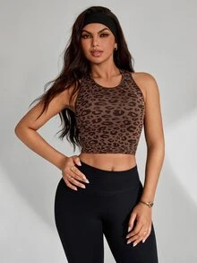 SHEIN Sovereign Charm 1pc Brown Leopard Print Ribbed Sleeveless Crop Tank Top, Reflective Stripe At Back, Slim Fit, For Daily Casual, Summer - Brown - View 5