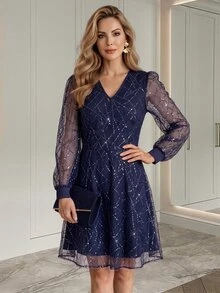 Medorina Elegant Luxury, Sequin Geometric, Formal Dress, Sheer Mesh, Navy Blue Gold, A-Line Belted, Wedding Guest Party, Christmas, Fall Winter - Navy Blue - View 5