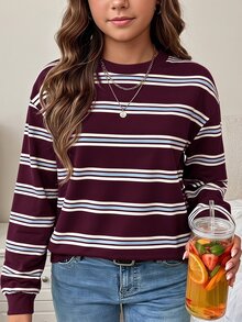 Sweatshirt Kasual Kerah Bulat Bahu Longgar untuk Anak Perempuan Remaja, Merah Berry - Putih - View 1
