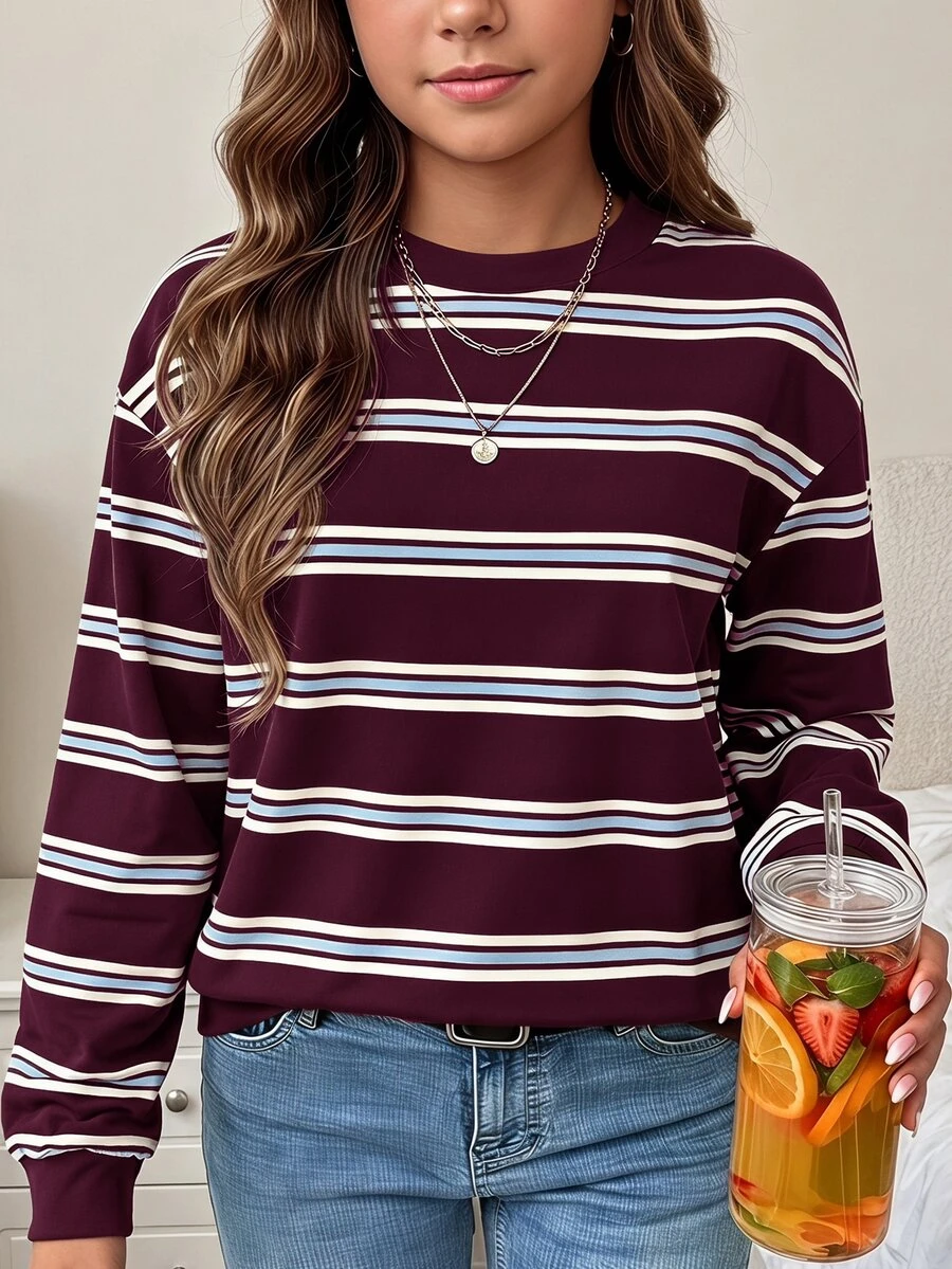 Sweatshirt Kasual Kerah Bulat Bahu Longgar untuk Anak Perempuan Remaja, Merah Berry - Putih - View 1