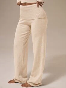 MUSERA ESSENTIALS Heather Grey Ribbed Knit Foldover Waistband Straight Leg Pants Basics Loungewear Casual Everyday Essentials - Cream - View 3