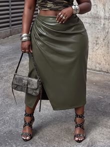 SHEIN CURVE+ Plus Size Women Solid Color PU Leather Fashion Versatile Daily Wear Skirt - Army Green - View 6