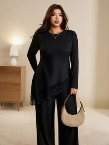 Edennvi Plus Size Women Solid Color Contrast Lace Hem Long Sleeve T-Shirt And Pants Elegant 2 Pieces Set Fall - Black - View 1